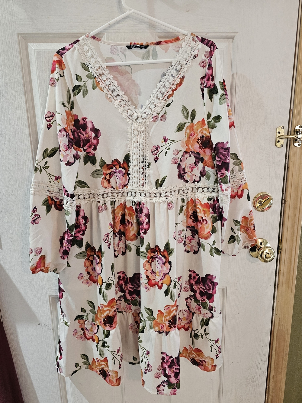 BloomChic White Floral V-Neck Dress with Pink and Orange Accents
